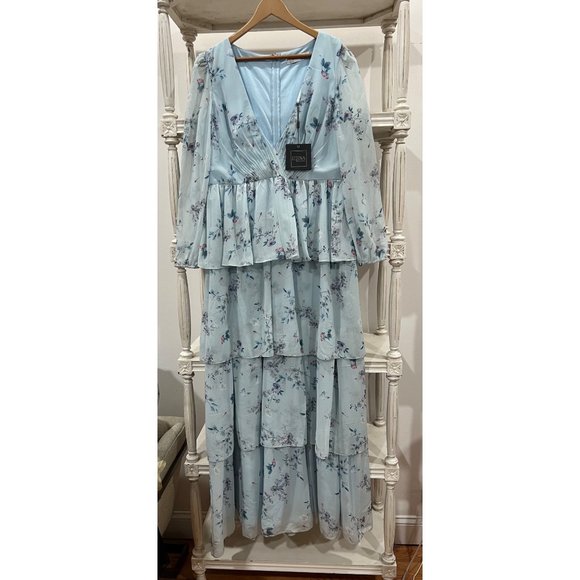 Anthropologie Mac Duggal Ruffled Floral Print Illusion Long Sleeve Gown Dress 14 - Picture 8 of 9